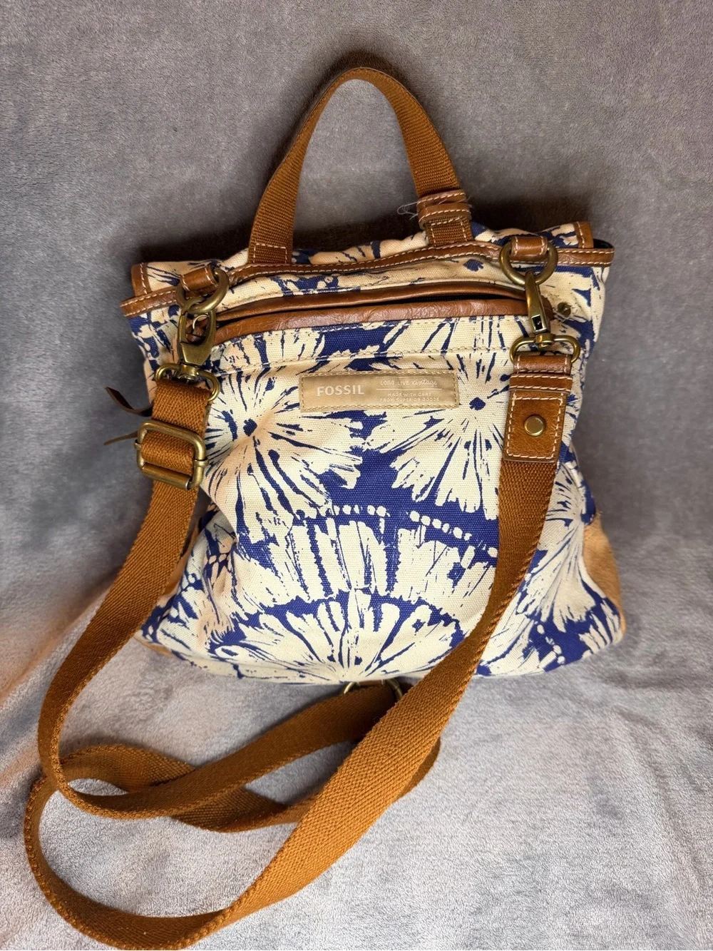 Fossil Blue and Cream Floral Canvas Backpack with Brown Leather Trim